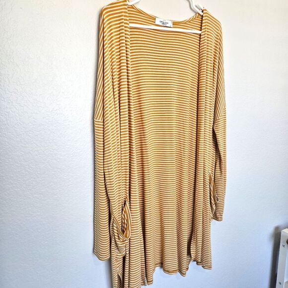 CJLA | Striped Mustatd White Long Line Pocket Soft Cardigan, Womens Medium - Picture 2 of 5
